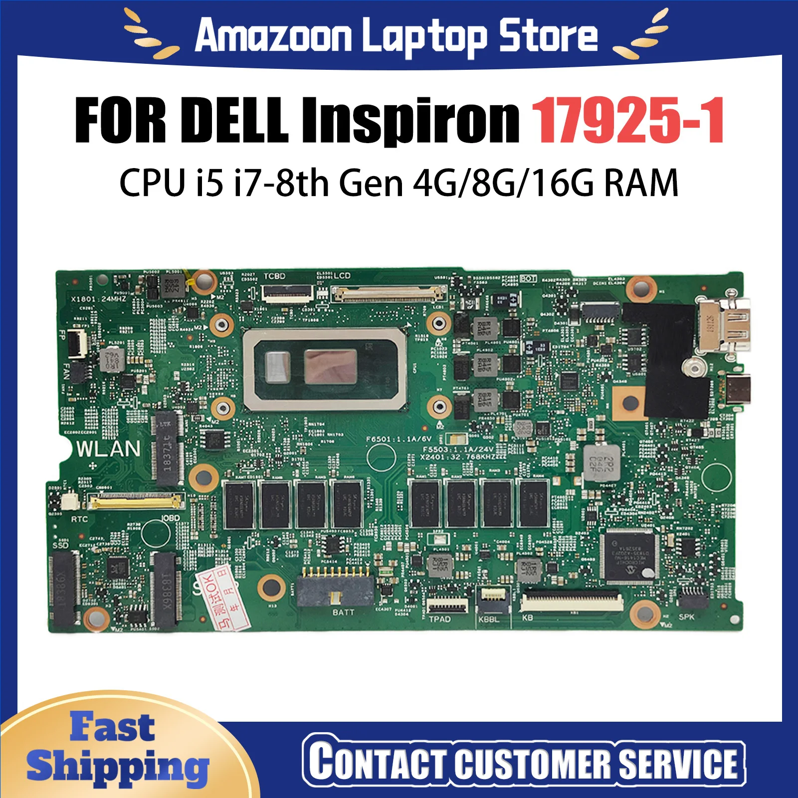 

Laptop mainboard 17925-1 For DELL Inspiron 7386 02CF17 0V86CW computer pc motherboard with cpu I5-8265U I7-8565U 4G/8G/16G RAM