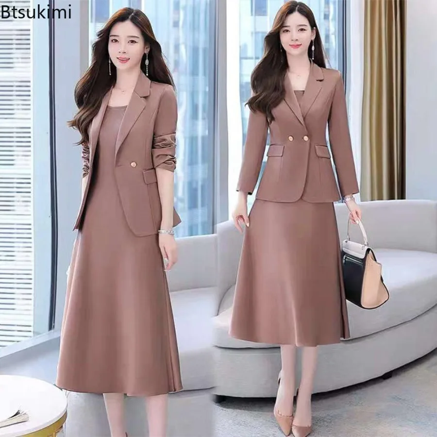 

2 Pcs/Set Women Coat Pants Suit OL Commute Turn-down Collar Long Sleeves Suit Coat A-line Sleeveless Strappy Dress Formal Outfit