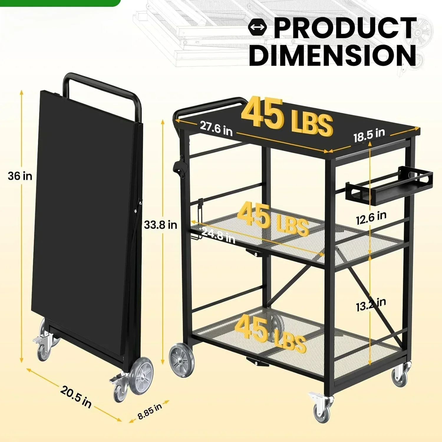 [Limited Time Offer, Clearance!]Folding Grill Cart, Metal Pizza Oven Stand Table with Lock Casters, 3 Shelf Foldable Kitchen Isl