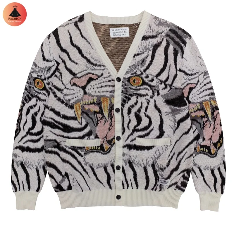 Autumn Winter Tiger Totem WACKO Vintage Sweater Best quality High-end Cardigan Men's Women's Coats With Label