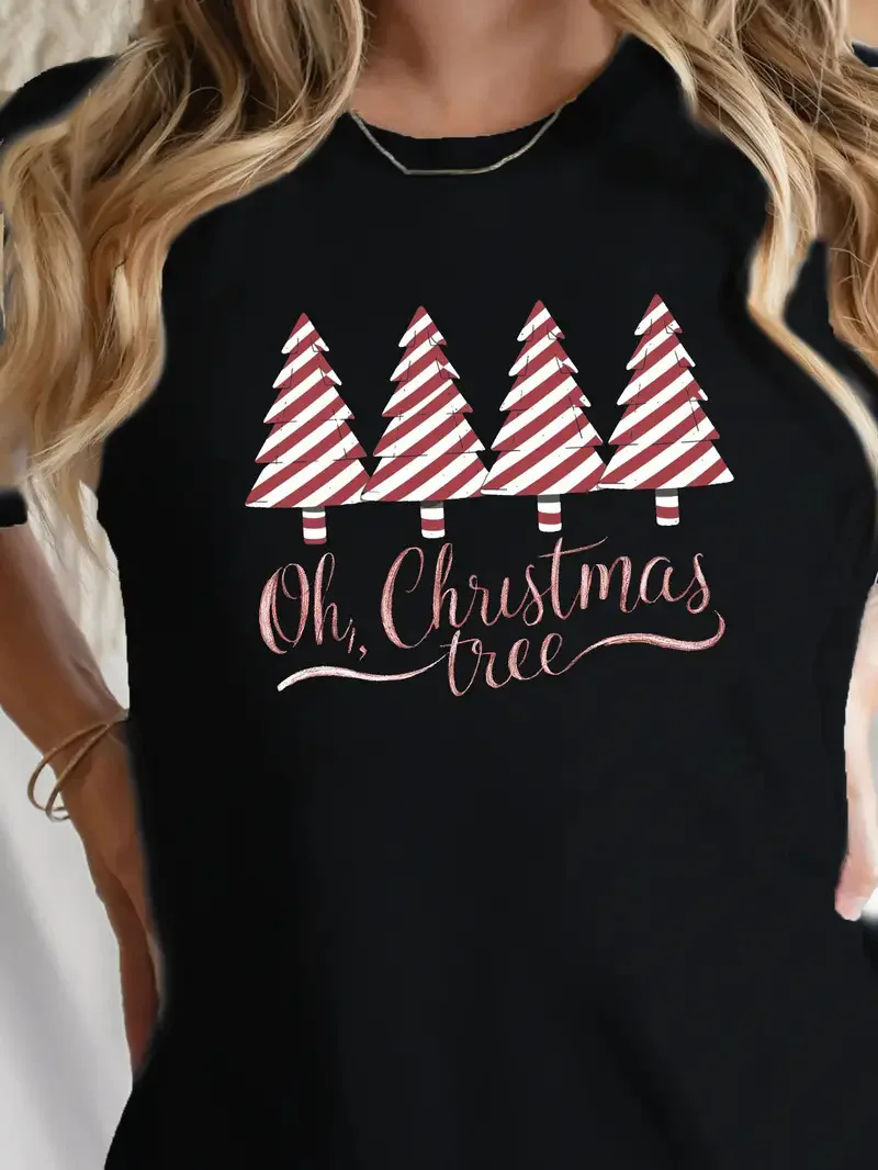Cotton 100% Women O Neck T Shirt Santa and Reindeer Gift Print Short Sleeve Casual Ladies Christmas Holiday Fashion Tees Tops