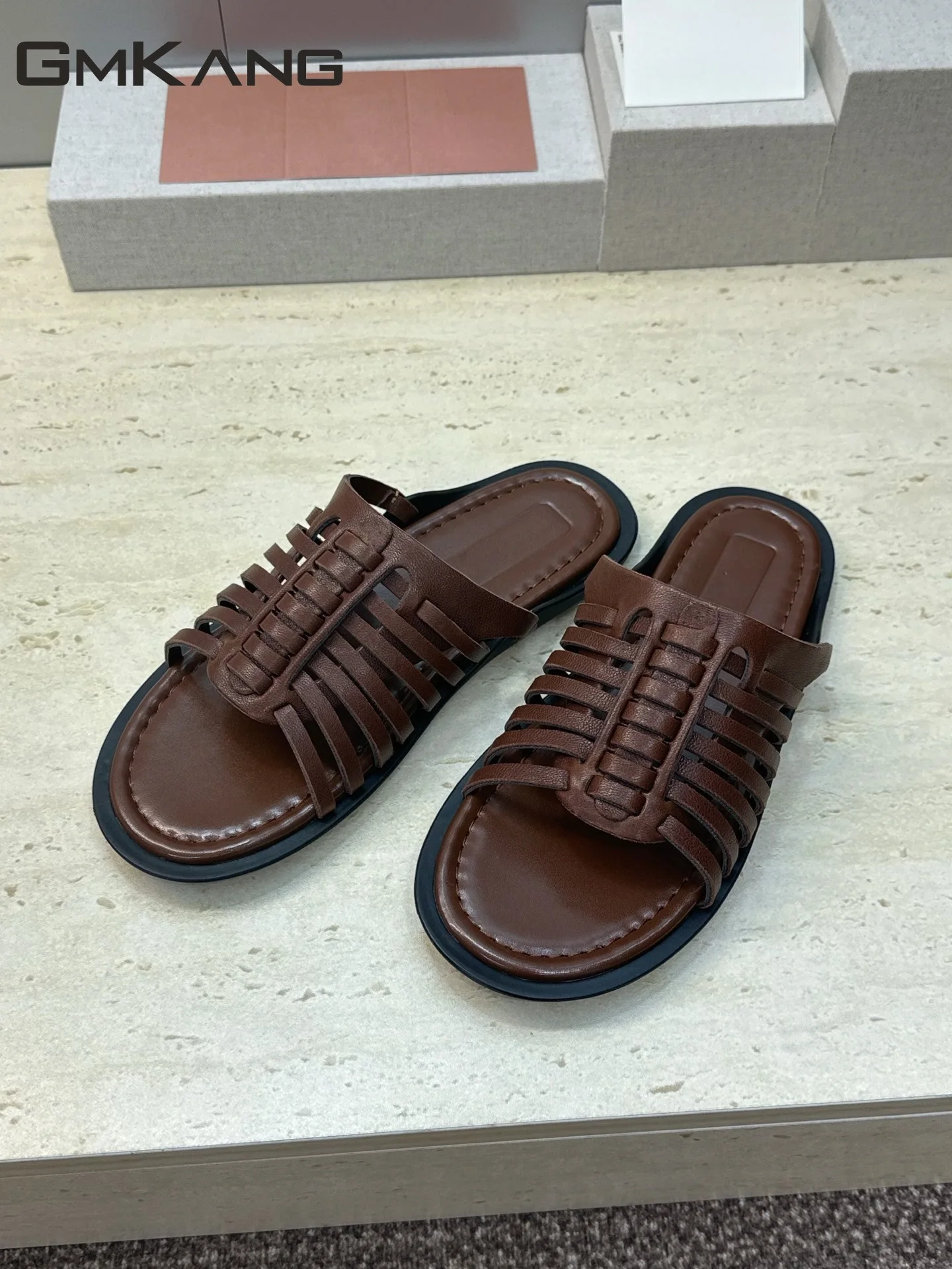 Women Woven Leather Slides Hollow Out Flat Sandals Retro Casual Summer Outdoor Slippers