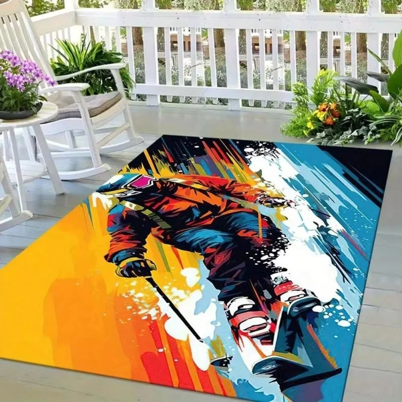 Colorful Graffiti Skier Print Area Rug Non Slip Large Floor Mat For Living Room Ski Style Home Decor