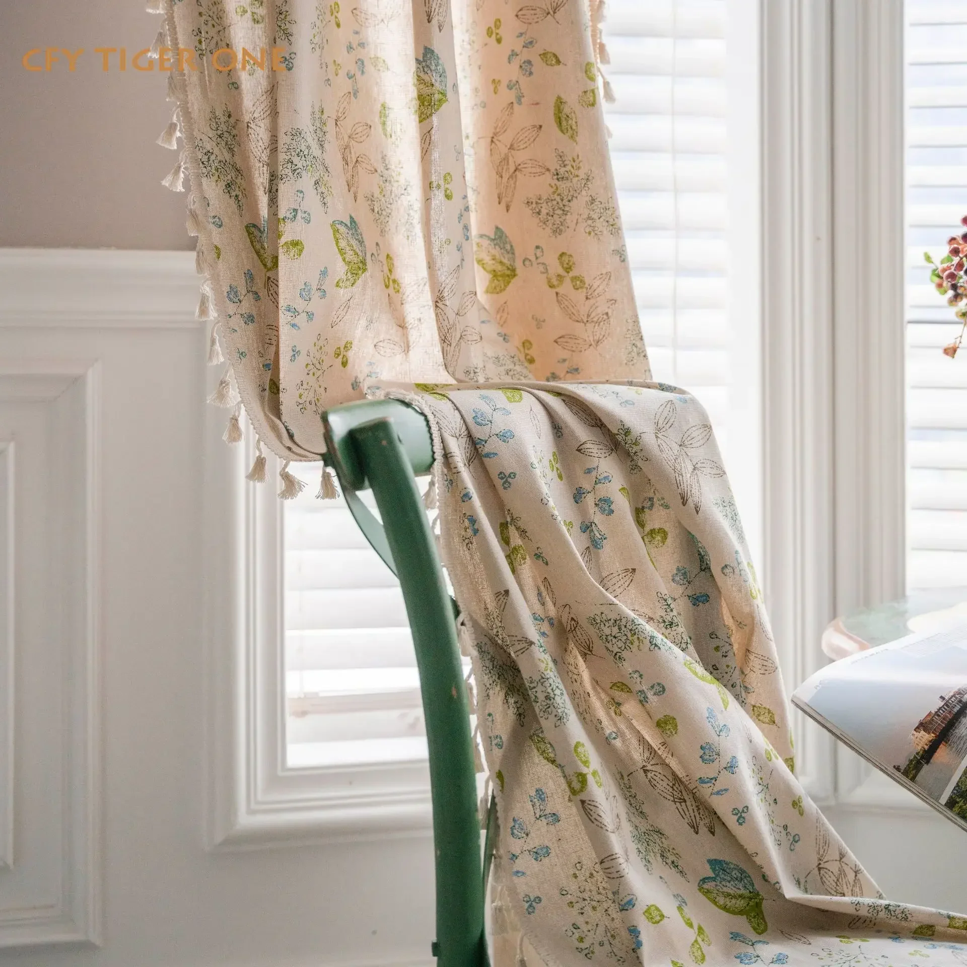 

Cotton Linen green leaves with Tassel Window Curtain Semi-shading Drapes for Living Room Bedroom Kitchen Door Drapes