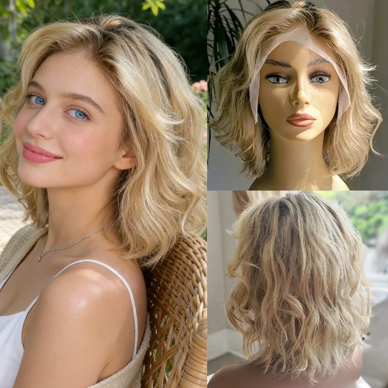 

13x4 Ombre Ash Golden Blonde HD Lace Front Wig Natural Looking Synthetic Heat Resistant Fiber Wigs Short Wave Bob Women's Wig