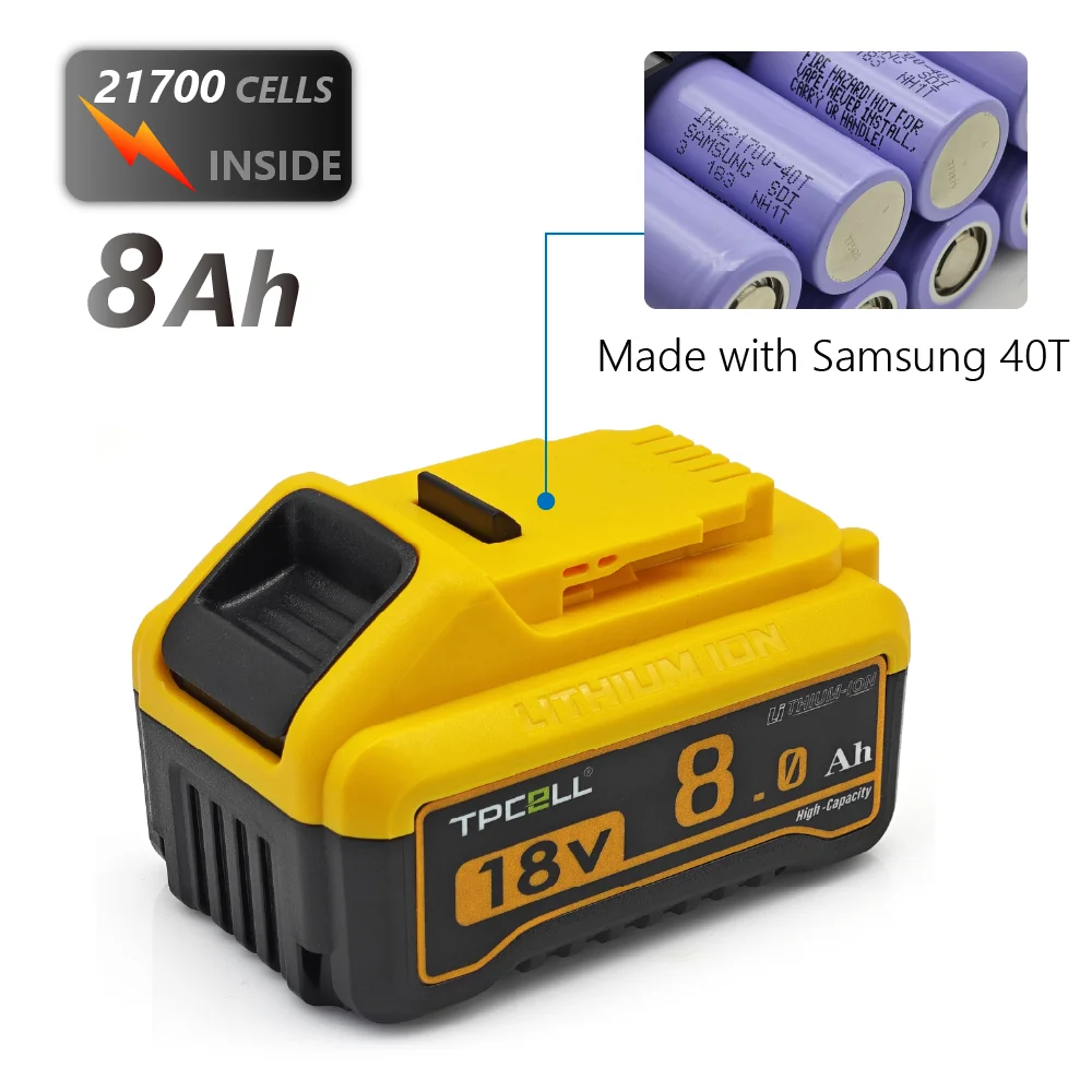 TPCELL 8Ah/10Ah For DeWalt 20V Battery 21700 DCB200  Replacement Battery Compatible With For Dewalt 18V/20V Tools Battery