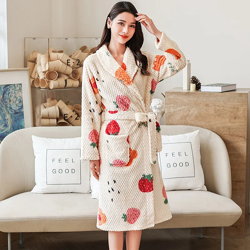 Thicken Women Flannel Robe Home Sleepwear Print Shawl Collar Bathrobe Kimono Robes With Belt Ladies Winter Warm Pajamas Clothes