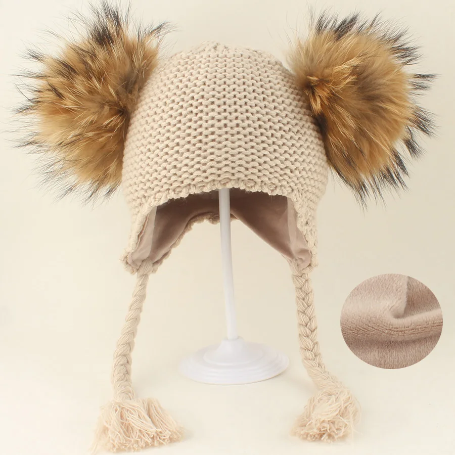 1-6Y Winter Warme Gestrickte Korallen Samt Hut Für Kinder Junge Mädchen Echtpelz Pompom Mützen Fleece Futter Baby Mütze Ohr schutz Hüte