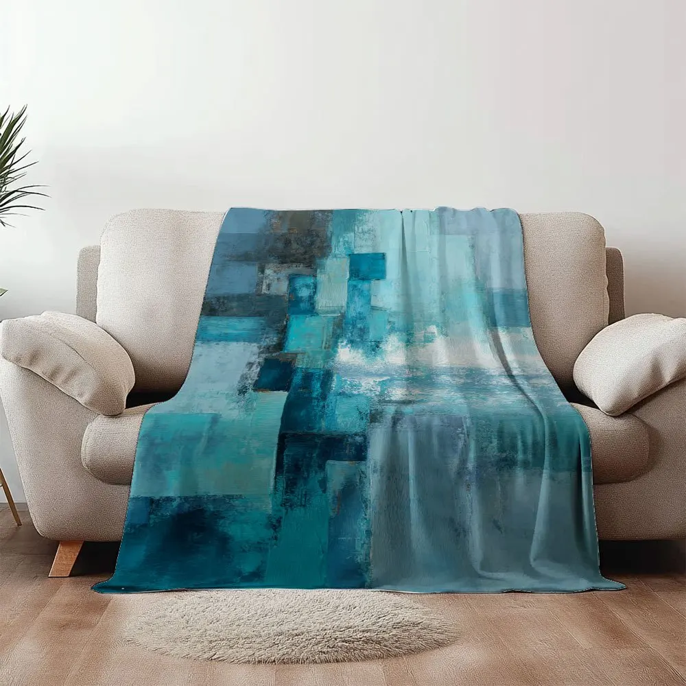Cozy Aqua Block Fusion Print Flannel Blanket - Soft, Warm & Lightweight Retro Geometric Design ,for Sofa, Bed, Travel, Camping