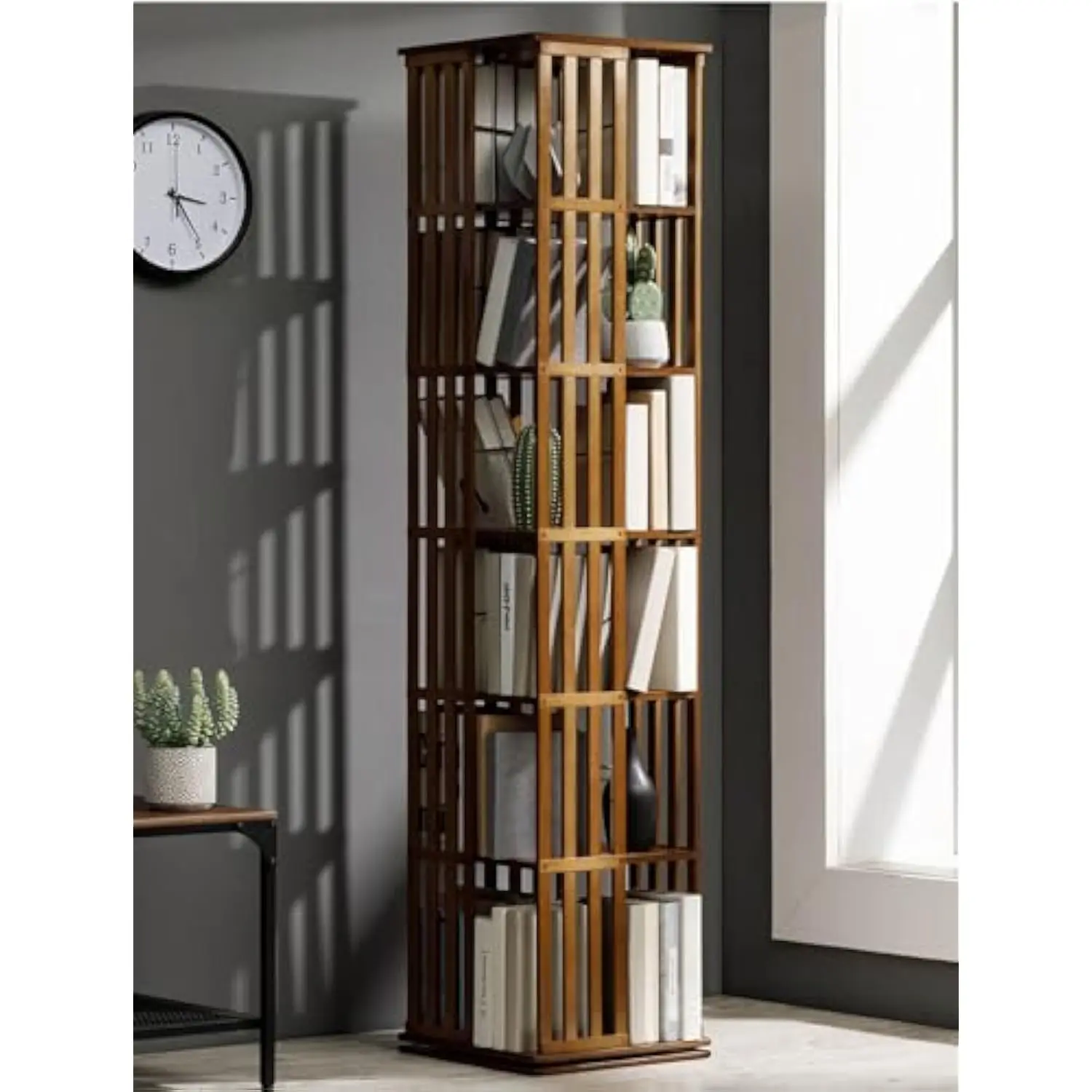 

5/6 Tier Rotating Bookcase-Bamboo,360 Degree Rotating Bookshelf Tower,Corner Bookshelf/Freestanding Storage Organizer Book Rack