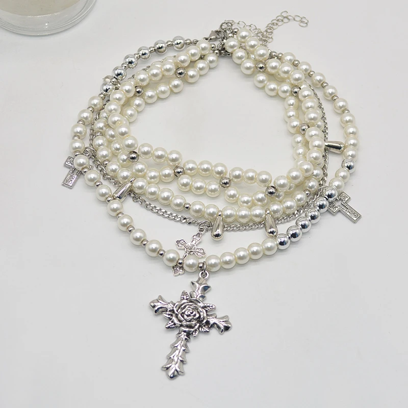 Fashion Personalized Multi-Layered Pearl Cross Pendant Necklace Clavicle Chain For Women Temperament Jewelry Accessories Gifts