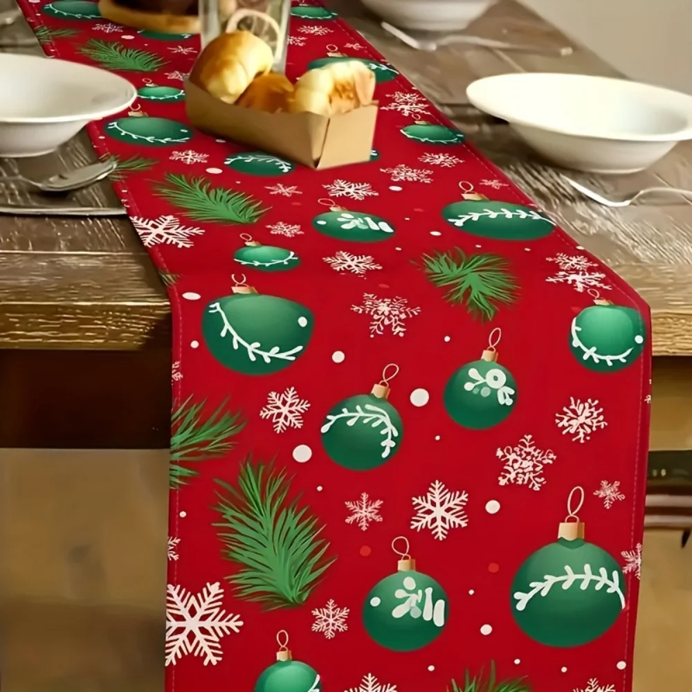 Christmas Pine Needle Red Ball Linen Table Runner, Atmosphere Accent Table Runner, Holiday Living Room & Dining Table Decor