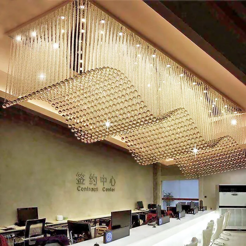 Rectangular Wave Crystal Chandelier Hotel Lobby Villa Club Lobby Restaurant Project Ceiling Lighting Customized