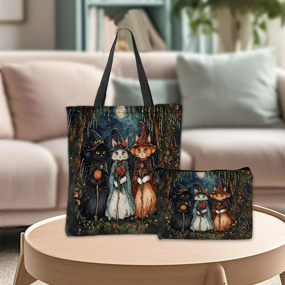 Retro Night Cat Wizard Theme Handbag Cosmetic Pouch Combination Bags Fantasy Forest Daily Use Shoulder Bag Travel Work Bags