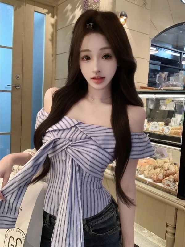 korean-sle-slim-fit-irt-one-oulder-tie-dye-ort-sve-striped-top-summer-faion-sexy-blue-stripe-belted-irt