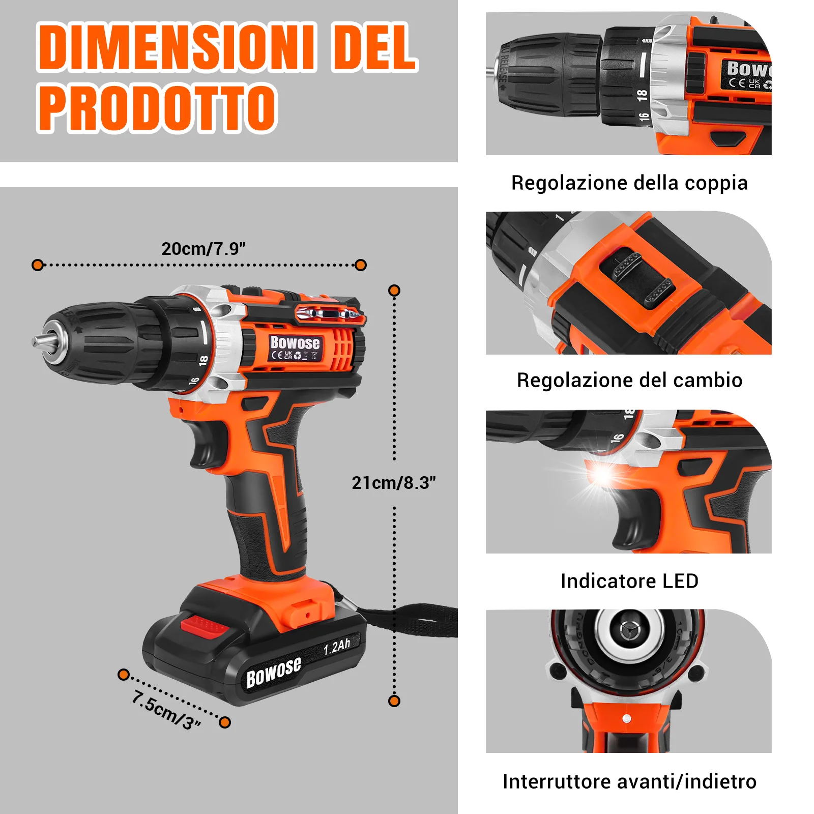 Set di cacciaviti elettrici senza fili con accessori da 16 pezzi, mandrino autoserrante da 3/8 pollici, luce da lavoro a LED, 2 velocità, 18+1 coppia, 45 Nm max, per progetti fai-da-te in giardino