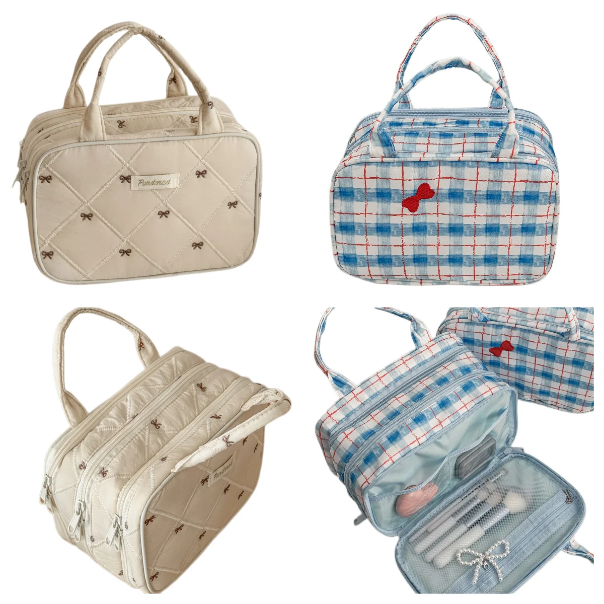 YT Large Capacity Portable Color-Block Plaid Bow Handbag Multi-Layer Storage Bag Makeup Organizer Blue Plaid with Red Stripes Ha