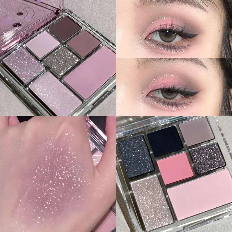 Paleta de Sombras para Maquiagem dos Olhos, Pó Cinza, Black Smoky Eye Blush, Highlighter, Brilho Brilhante, Cosméticos Coreanos, 7 Cores