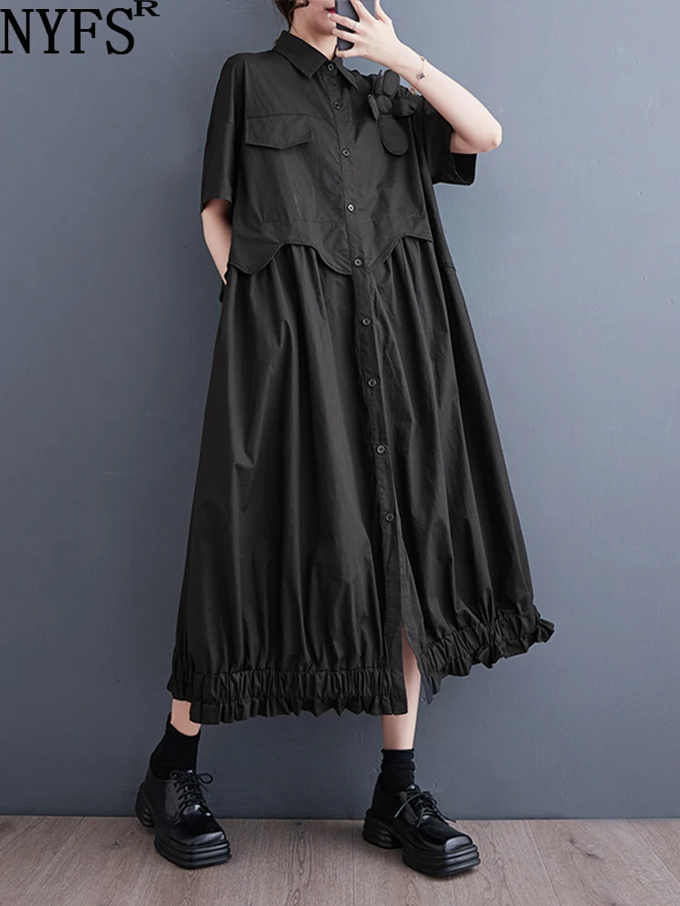 

NYFS 2023 Summer New Office Lady Woman Dress Vestidos Robe Elbise Loose Plus Size Short Sleeve Single-breasted Shirt Dress