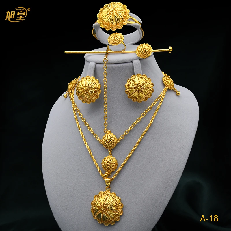 

XUHUANG Dubai Ethiopian Flower Shape Gold Plated 6pcs Jewelry Sets For Women Nigerian Luxury Necklace Set Wedding Party Gifts