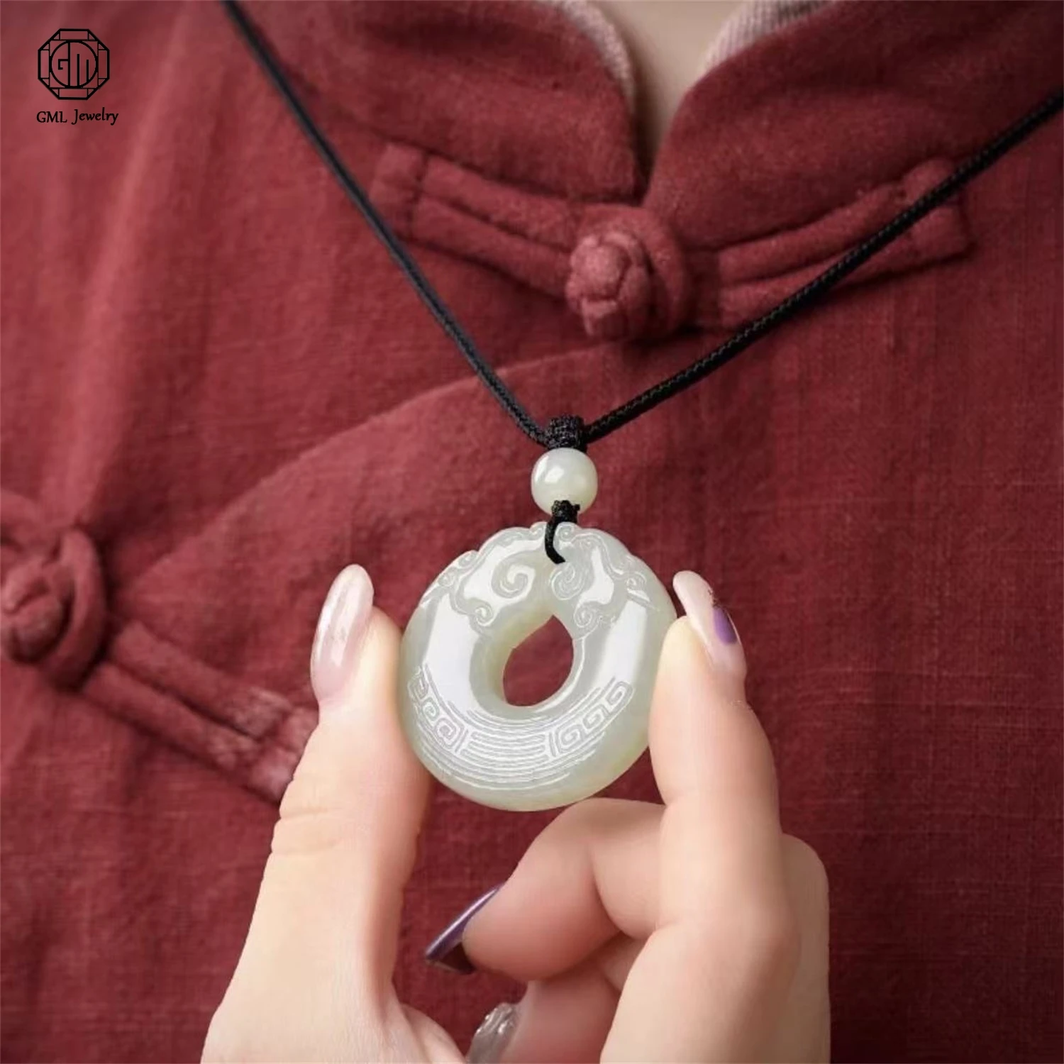 Natural Hetian Jade Double Side Pixiu Peace Lock Pendant Unisex Men Women Gemstone Dragon Fish Jade Necklace Jewelry Gift