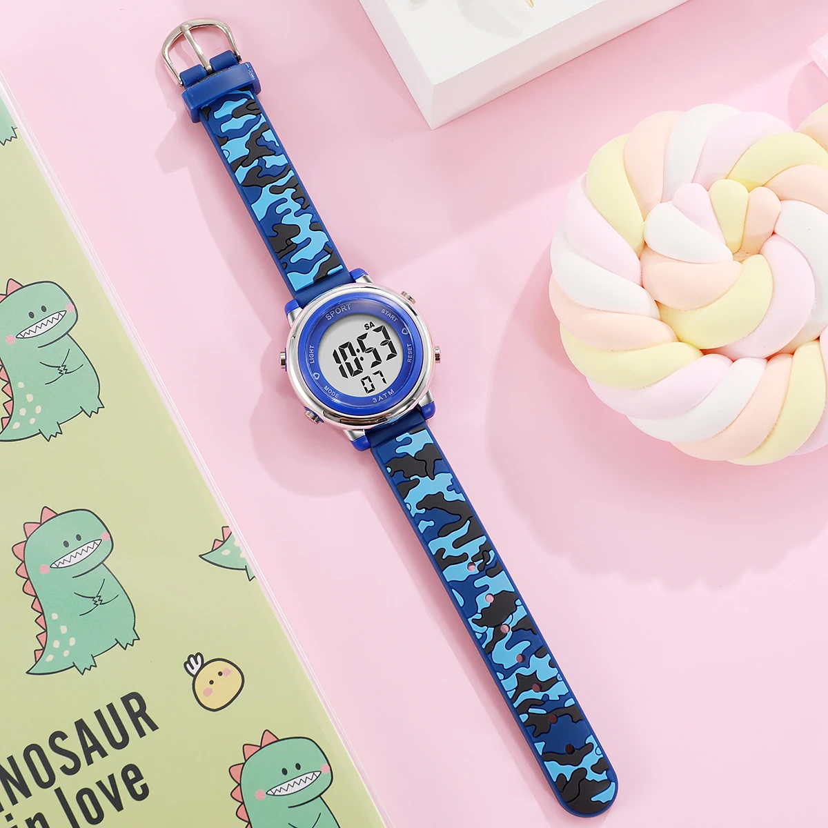 Orologio elettronico per bambini con cinturino in silicone con motivo mimetico di tendenza alla moda, adatto per l'uso quotidiano, regali di Natale