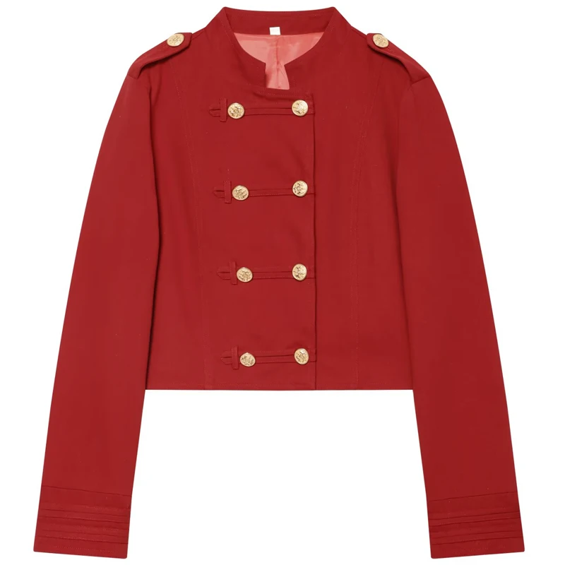 HXAO Rote Cropped-Jacke für Damen, Demi-Season 2026, elegante O-Ausschnitt-Jacke mit Doppelreihenknöpfen und langen Ärmeln, schicke Militär-Oberbekleidung – Detail 4