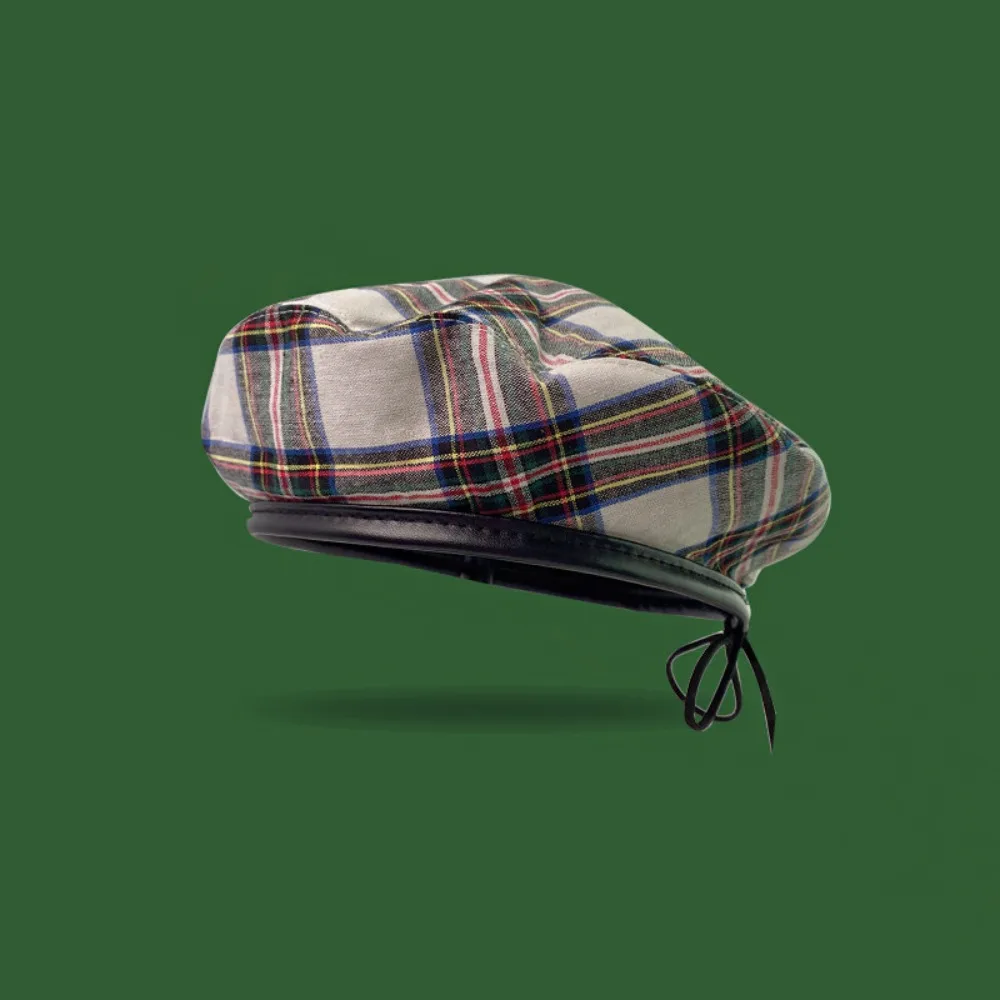 Cute British Style Tartan Plaid Beret Y2K PU Leather Trim Newsboy Cap Drawstring Green Artist Hat Travel