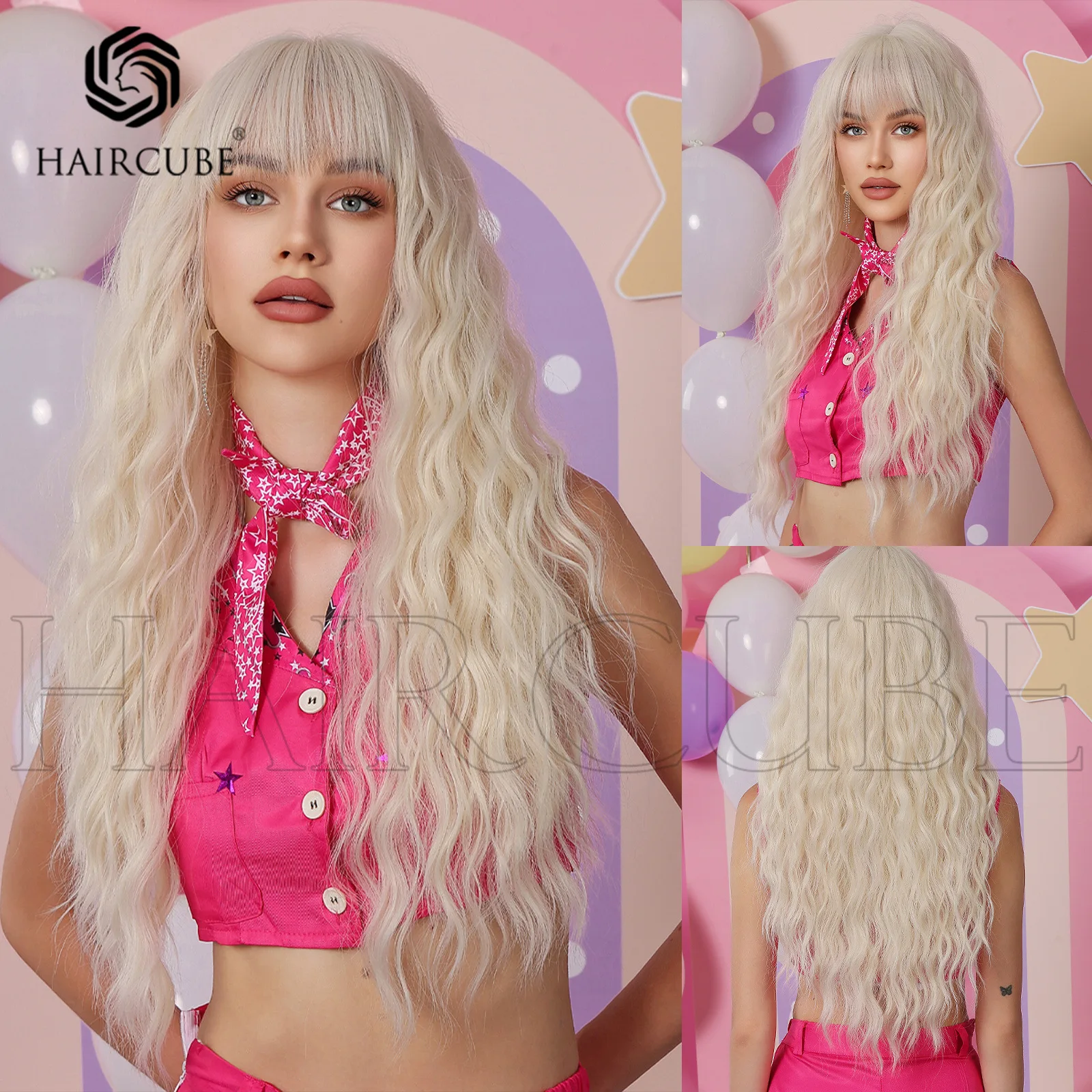 Peruca longa de cabelo encaracolado com Franja para mulheres, barbie bangs, lã bege, fibra resistente ao calor, cosplay diário, festa, novo