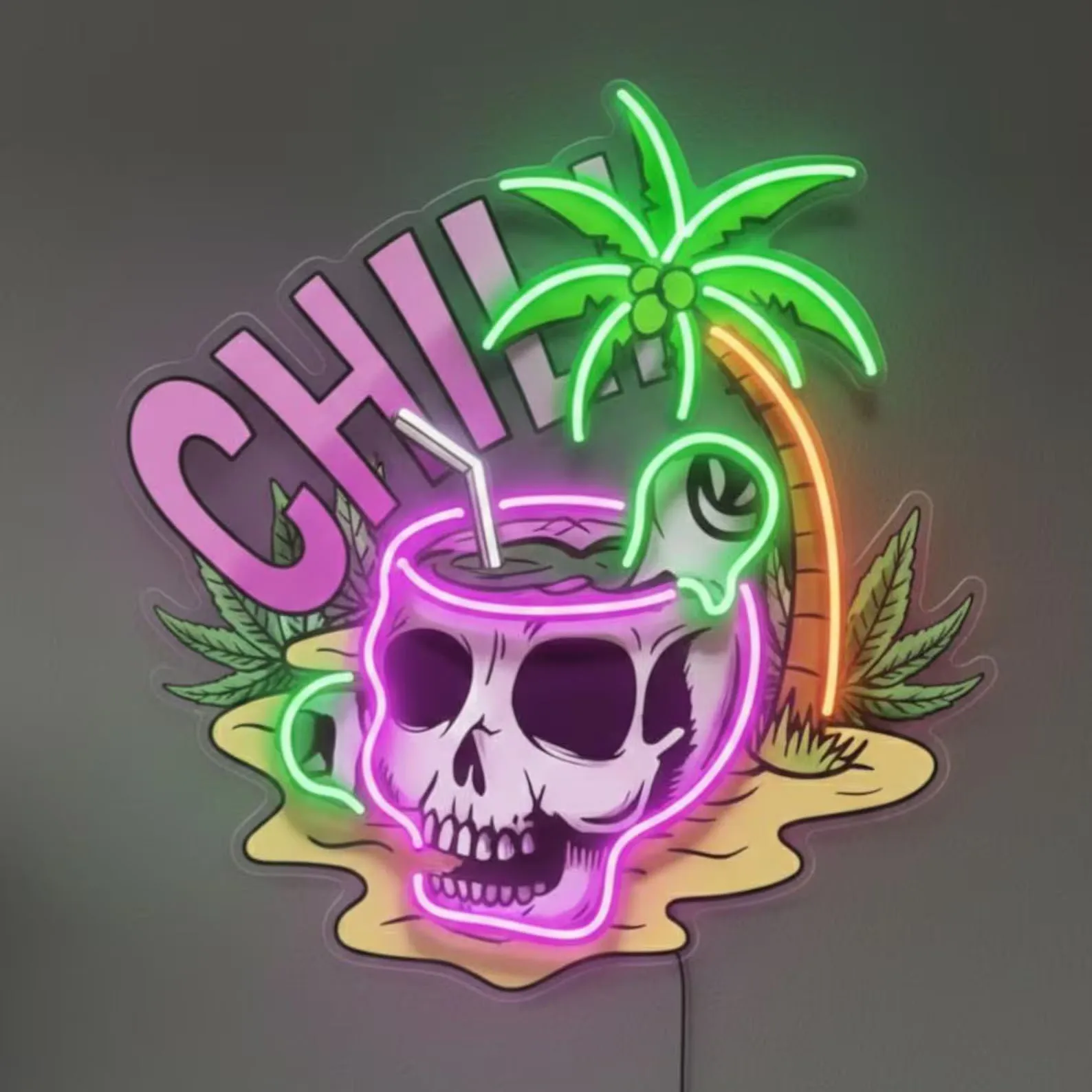 Chill Skull Neon Sign,Tropical LED Wall Art,Custom Neon Sign,Home Decor,Bar/Beer Club/Game Room Neon Sign,Boys Birthday Gift