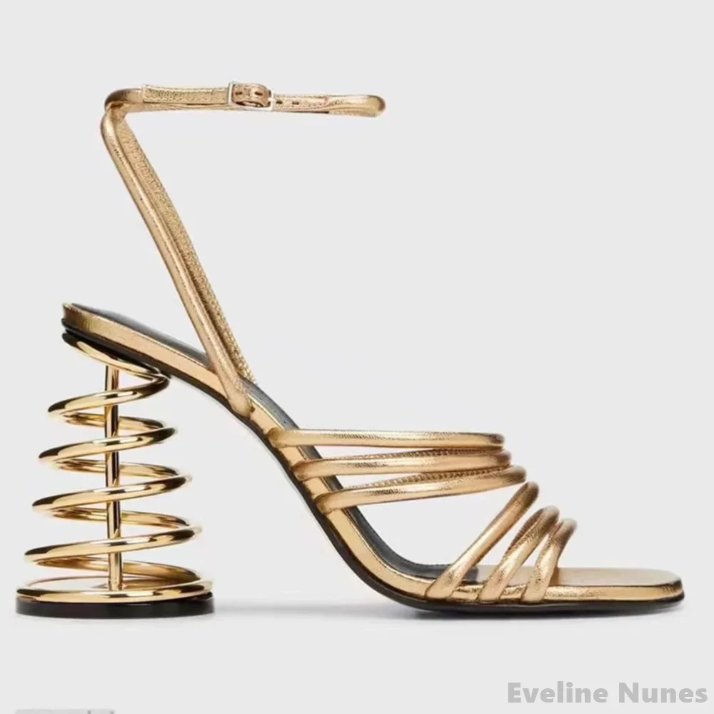 Silver Spring Heel Strange Style Sandals Women Hollow One Word Belt Thin Strap High Heel 2025 Fashion Catwalk Large Size Sandals