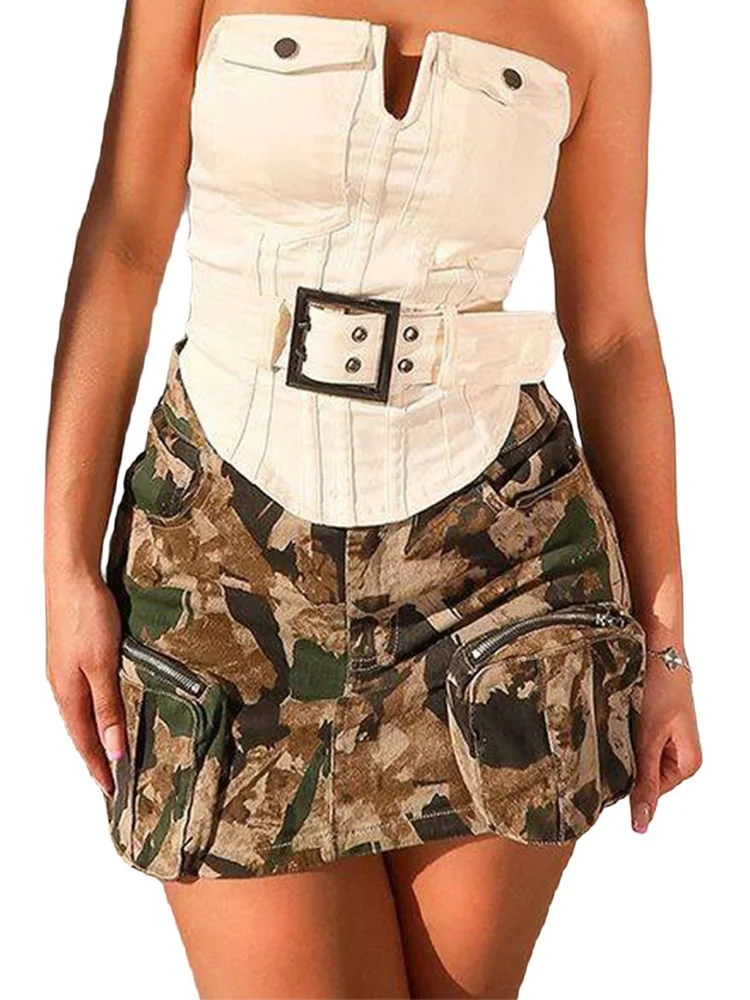 Benuynffy Camouflage Print Cargo Mini Skirts Women American Streetwear Y2k Zipper Pockets High Waist Stretch Bodycon Short Skirt