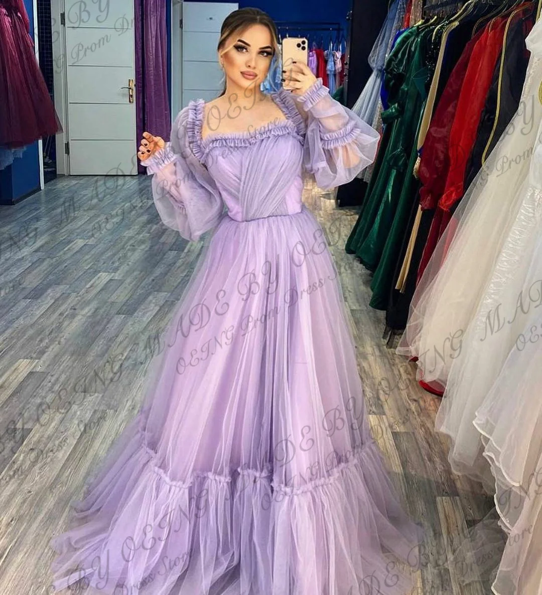 OEING Elegant Ruffles Evening Dresses Simple Off The Shoulder Lantern Sleeves Prom Dress Party Date Dress Vestidos De Fiesta