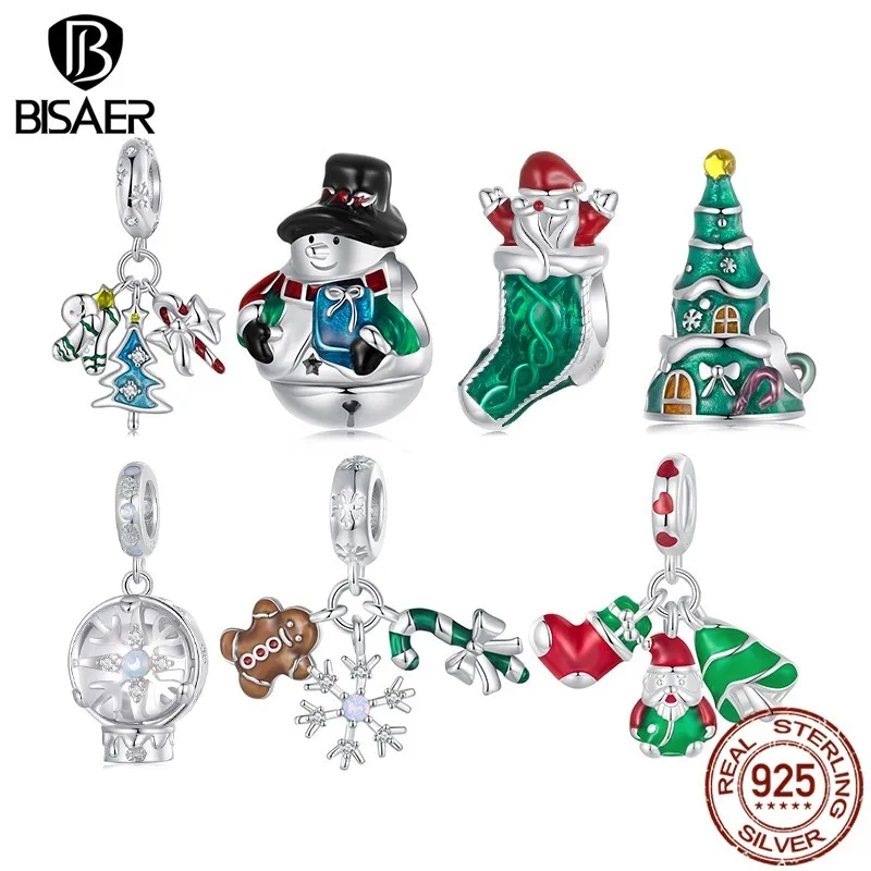 

BISAER 925 Sterling Silver Christmas Tree House Charm Bead Bell Snowman Pendant Fit DIY Bracelet Jewelry Festive Christmas Gift