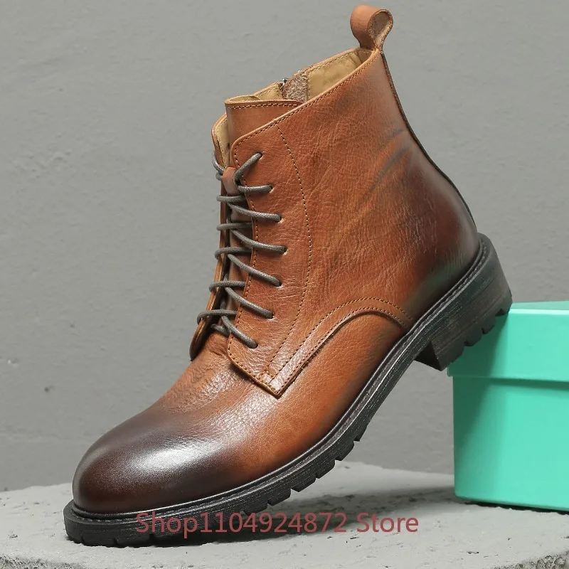 Vintage Genuine Leather Ankle Boots Men's  Autumn Winter Lace‑up  Non‑Slip Thick Sole High Top Shoes Male Combat Chelsea Boots