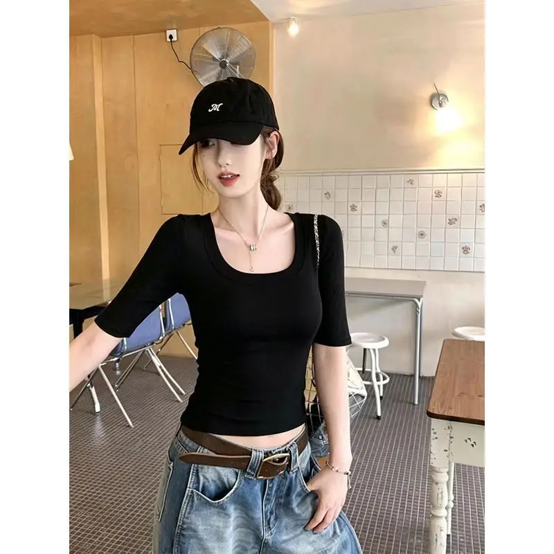 Slim Fit High Waist Short T-Shirt Women's Korean Style Five Sleeve U-Neck Top Breathable Comfortable Summer Fashion