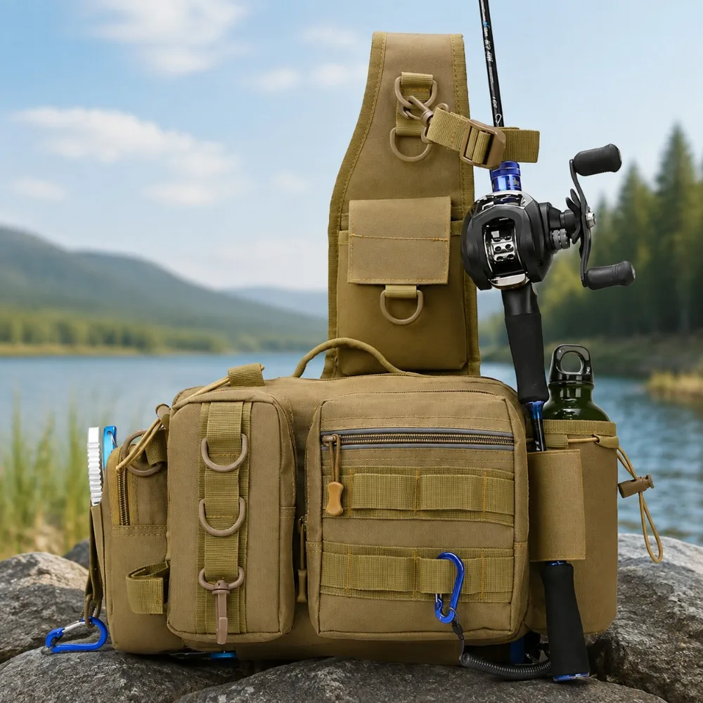 Fishing Tackle Backpack Crossbody Bag Fishing Gear Storage Pack with Rod Holder Tackle Box Organizer Outdoor Fishing Equipment