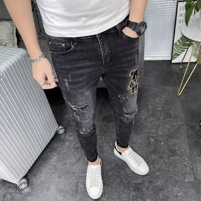 Spring and Autumn Luxury Rhinestone Korean Style Men's Classic Black Jeans with Distressed Holes Elastic Skinny Fit Pants Male