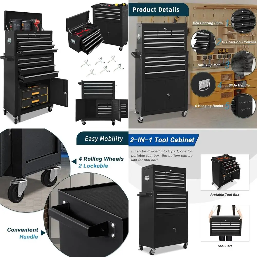 صندوق أدوات دوار مكون من 13 درجًا مع أبواب مزدوجة وصندوق أدوات كبير قابل للفصل لتخزين الميكانيكي
