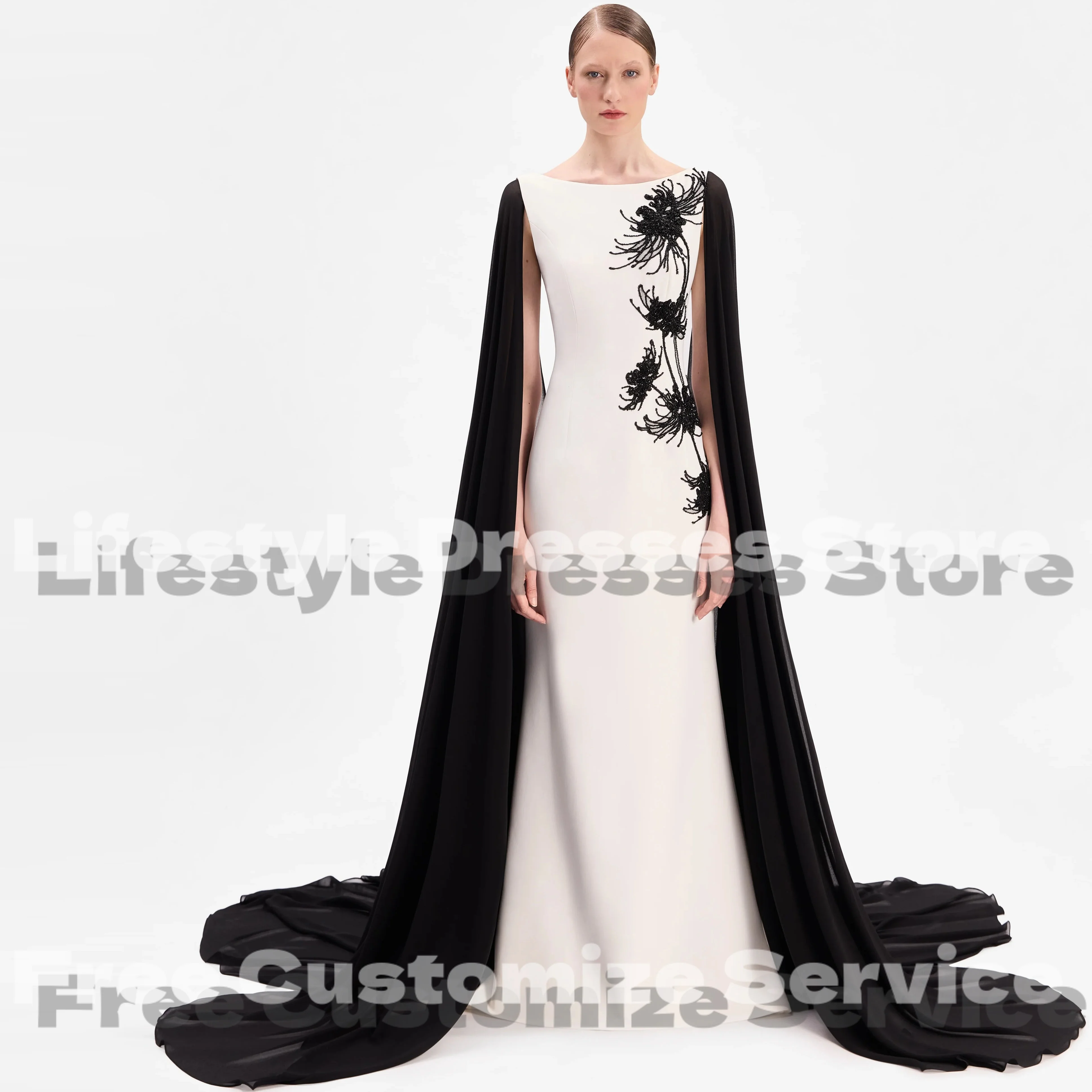 

Customized Gorgeous Beadings Floral Evening Dresses Cape Long Sleeves Prom Dresses O-Neck Backless Floor Length Party Dresses