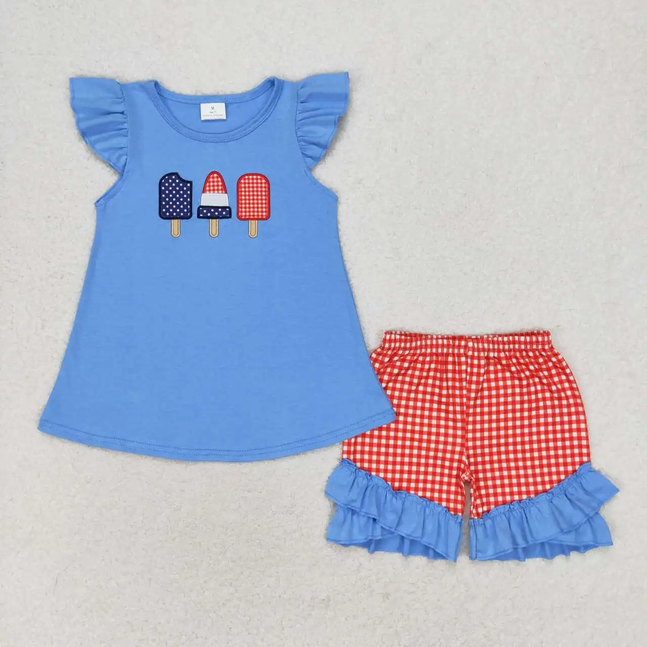 

Toddler girls July 4th popsicle Outfits Clothes Baby Short Sleeves Top blue Shorts Kids Clothing Wholesale boutique summer sets