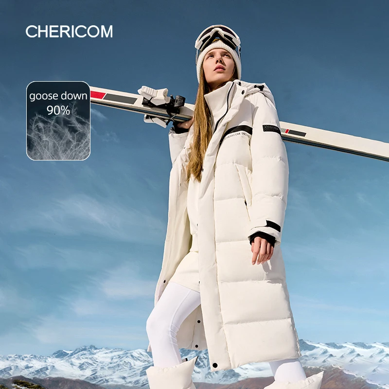 

Женская длинная куртка на гусином пуху Chericom, 2022, зимние толстые теплые куртки-пуховики со съемным капюшоном, женские пуховики Y309605Y