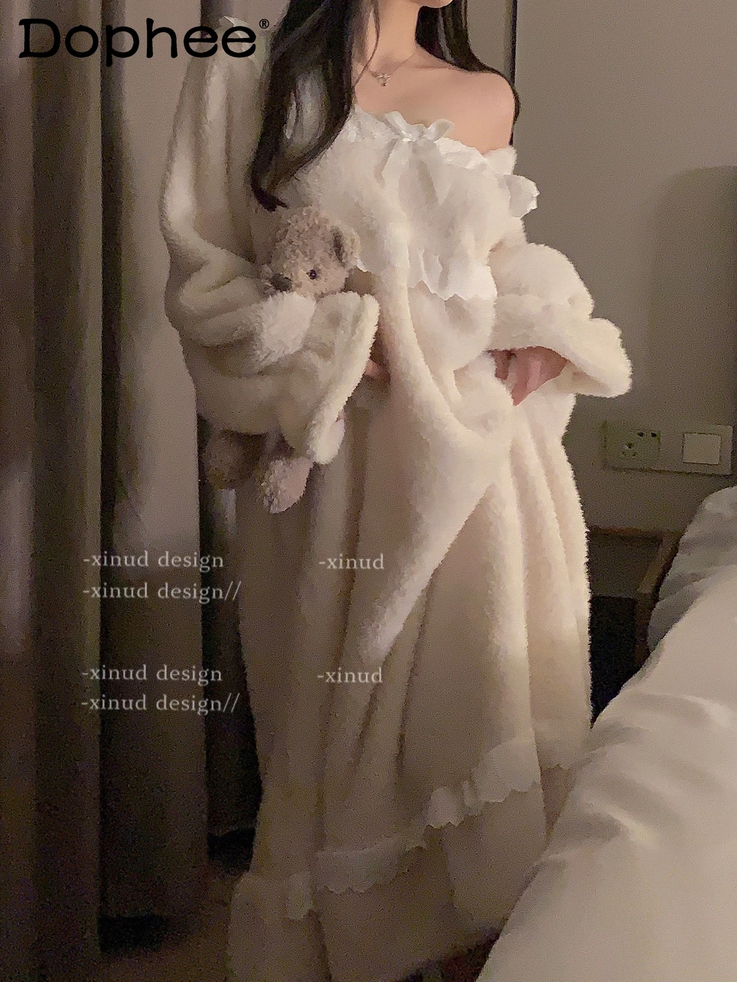 

Autumn Winter New French Court Style Coral Fleece Pajamas Japanese Sweet Thickened Warm Flannel Home Dress Loungewear for Women