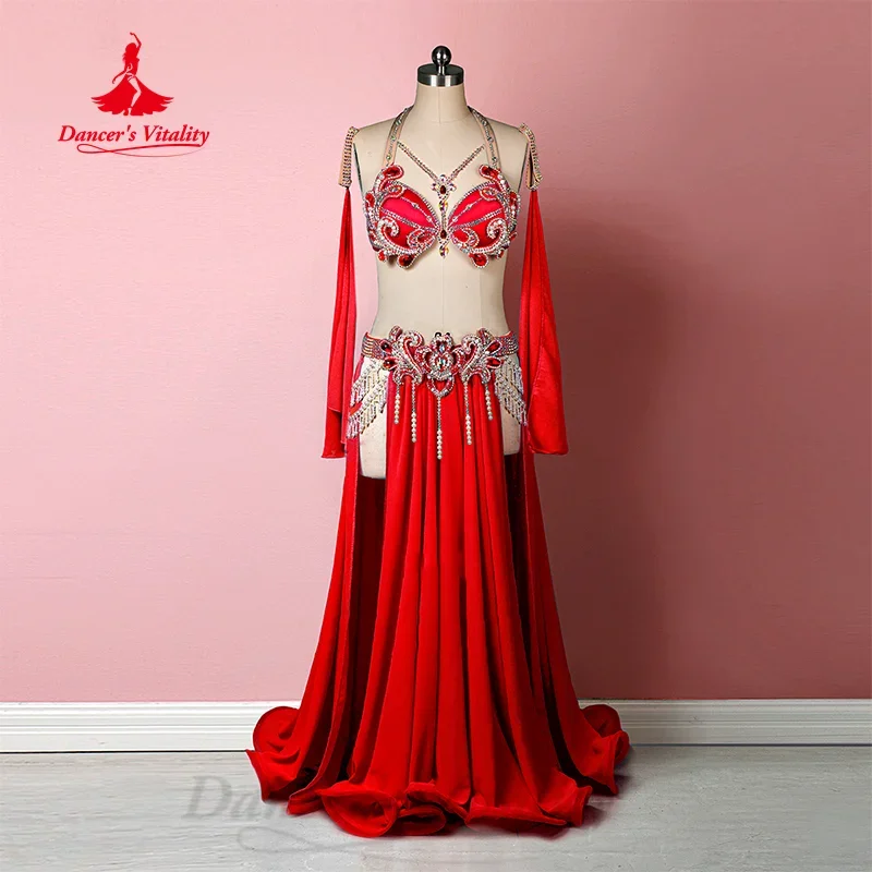 

BellyDance Performance Costume Women Customization Luxury Diamond Bra+Sexy Split Chiffon Long Skirt 2pcs Oriental Dance Outfit