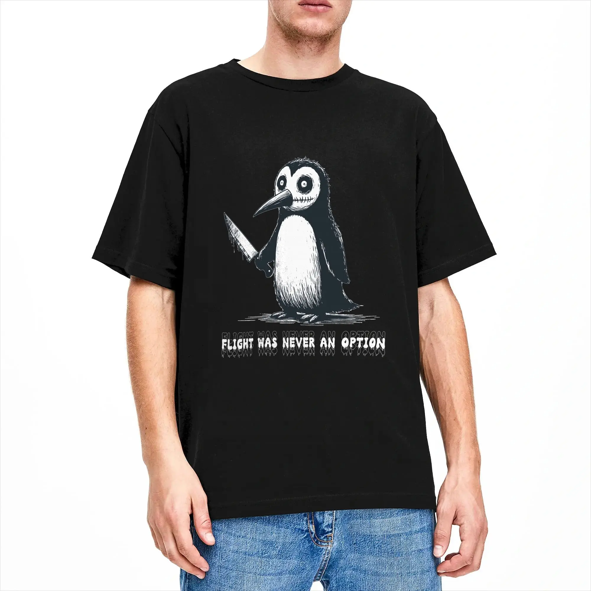 Funny Penguin Holding Knife Flight was Never an Option Bird T-Shirt Summer  Cotton T-Shirts For Men Casual Tee Shirt Streetwear