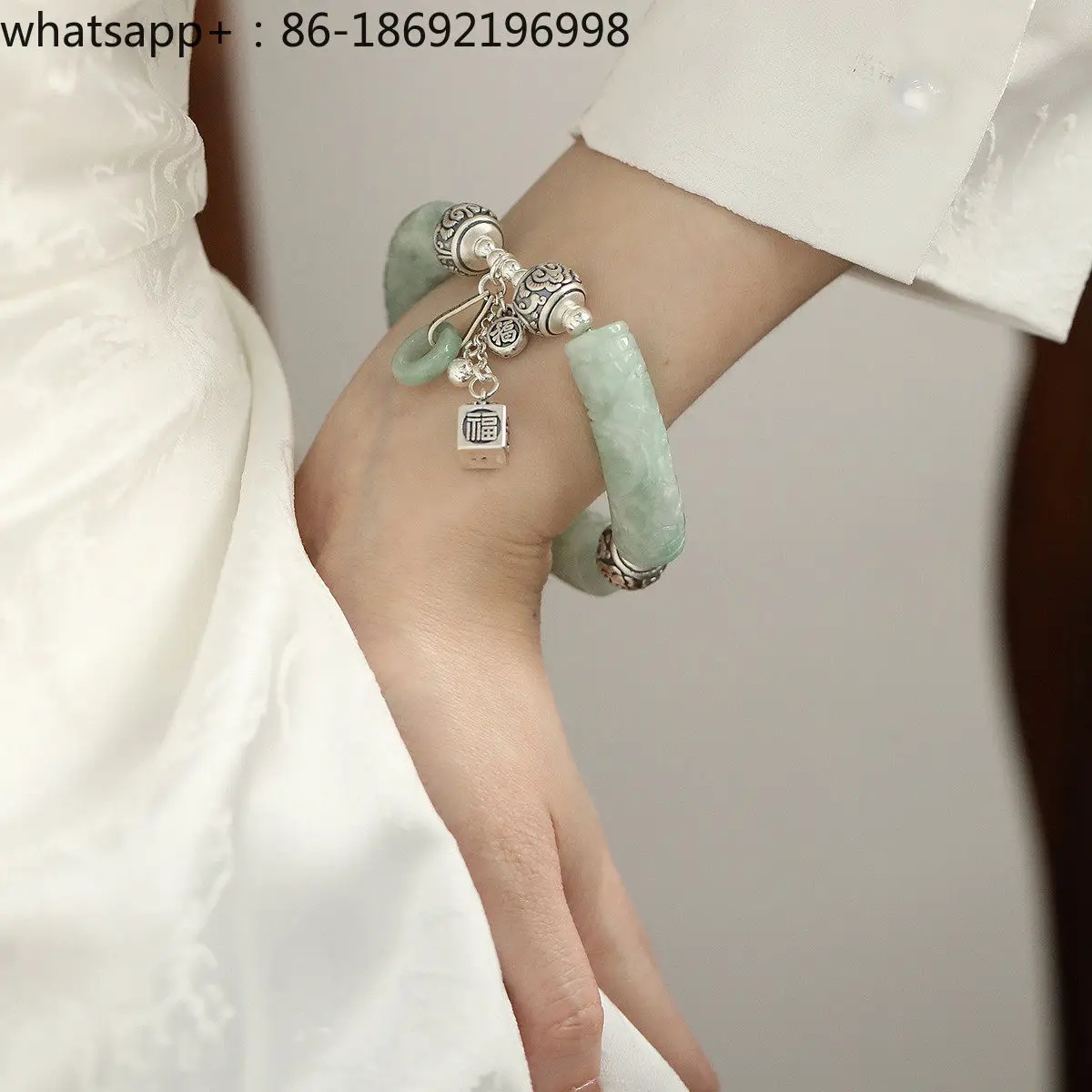 Pure Silver 999 Jadeite A Goods Elbow Running Ring Bracelet Female