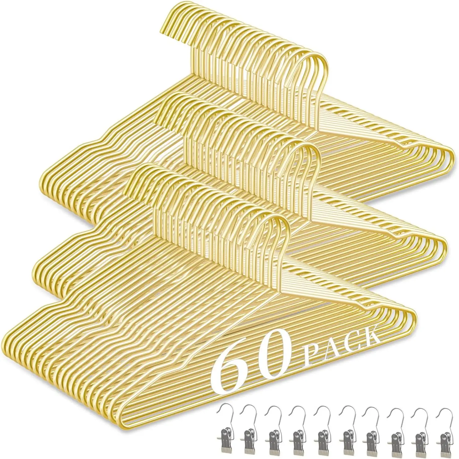 

60 Pack Gold Metal Hangers with 10 Clips, Heavy Duty 50lbs Capacity for Coats and Jackets