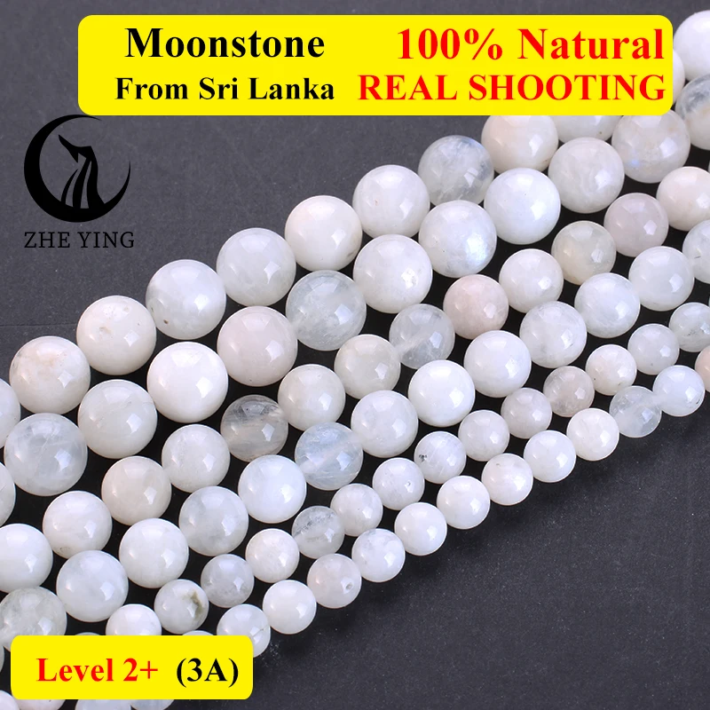 Zhe Ying New 6A Moonstone Beads Round Smooth Natural Gemstone Beads for Bracelet Necklace Making DIY Jewelry Accessories 15''