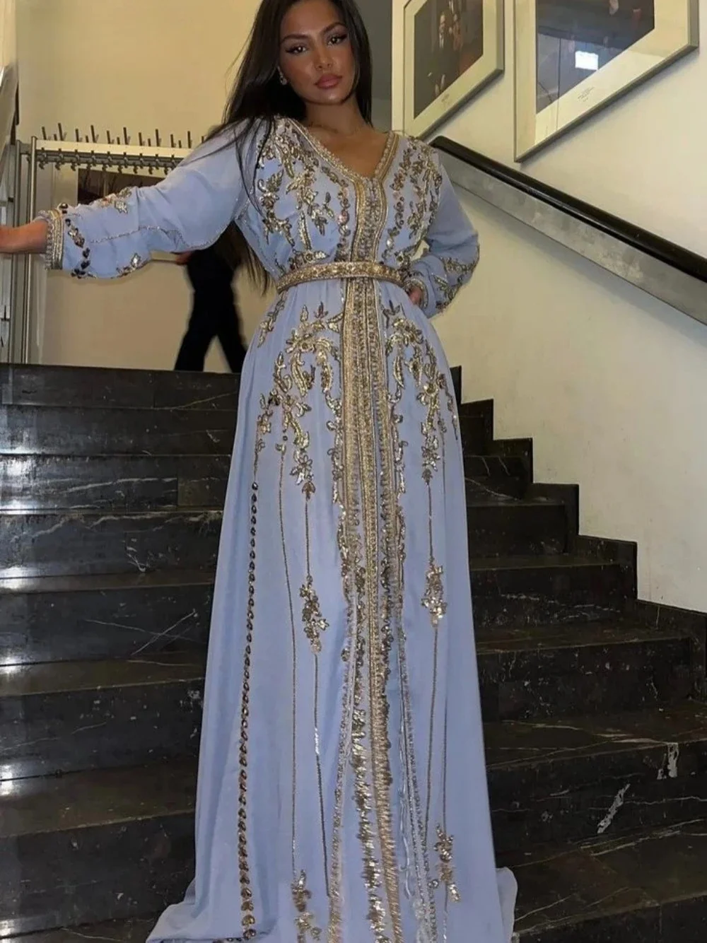 Chiffon-Marokkanischer Kaftan, formelle Abendkleider, A-Linie, lange Ärmel, Applikationen, Ballkleider, arabische Partykleider, individuell gestaltet