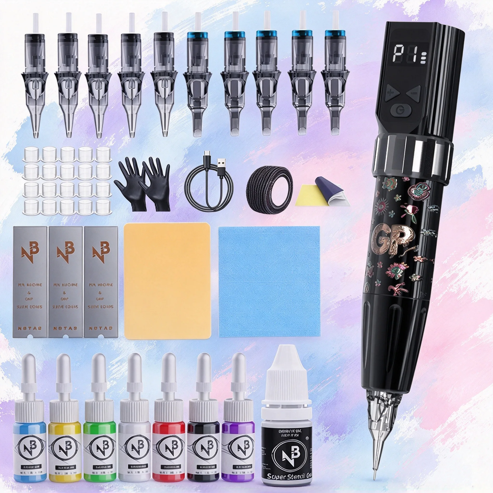 Tattoo Pen Set 1100Mah Integrated Power Supply, Mixed Cartridge Needles, Multi-Color Tattoo Ink, Complete Tattoo Supplies, Suitable for Beginners and Professional Tattoo Artists